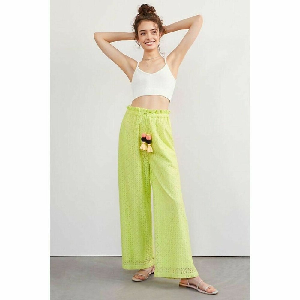 Anthropologie Ollari Lacy Wide Leg Pant Chartreuse Neon Lime Pom Pom Ties NEW